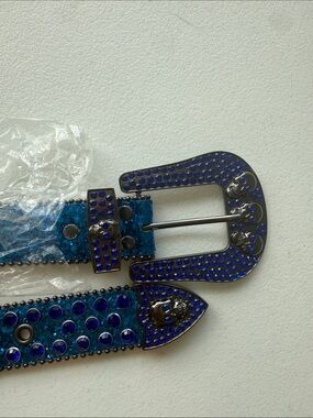 Metallic Blue Rhinestone Belt with Decorative Buckle